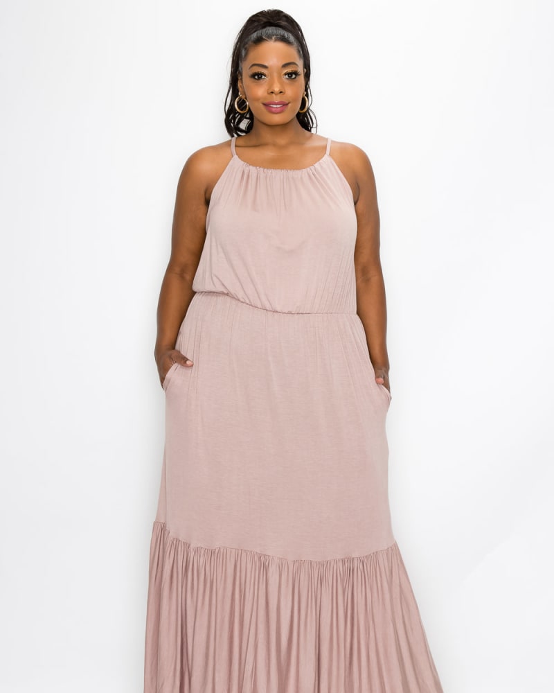 Front of a model wearing a size 1X Ariana Maxi Dress in Taupe by L I V D. | dia_product_style_image_id:241682